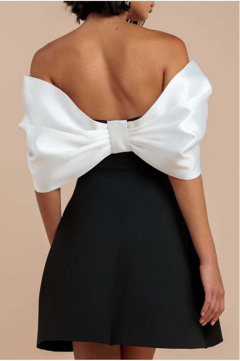 Contrast Off Shoulder Back Satin Bow Scuba Mini Dress - Black Cream DR4713CONTRAST