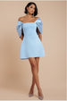 Off Shoulder Back Satin Bow Scuba Mini Dress - Light Blue by Goddiva