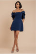 Off Shoulder Back Satin Bow Scuba Mini Dress - Navy Blue by Goddiva