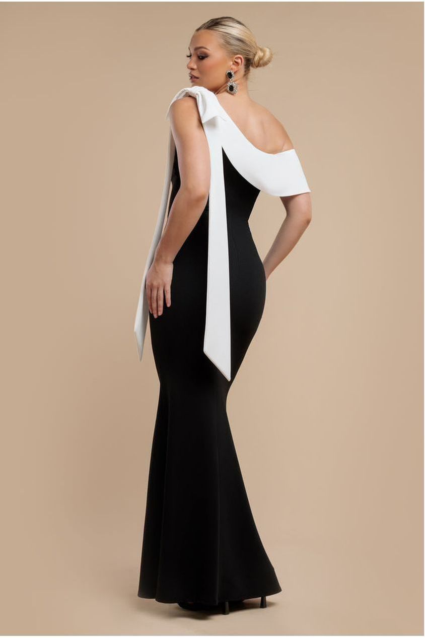One Shoulder Contrast Bow Maxi Dress - Black Cream DR4717
