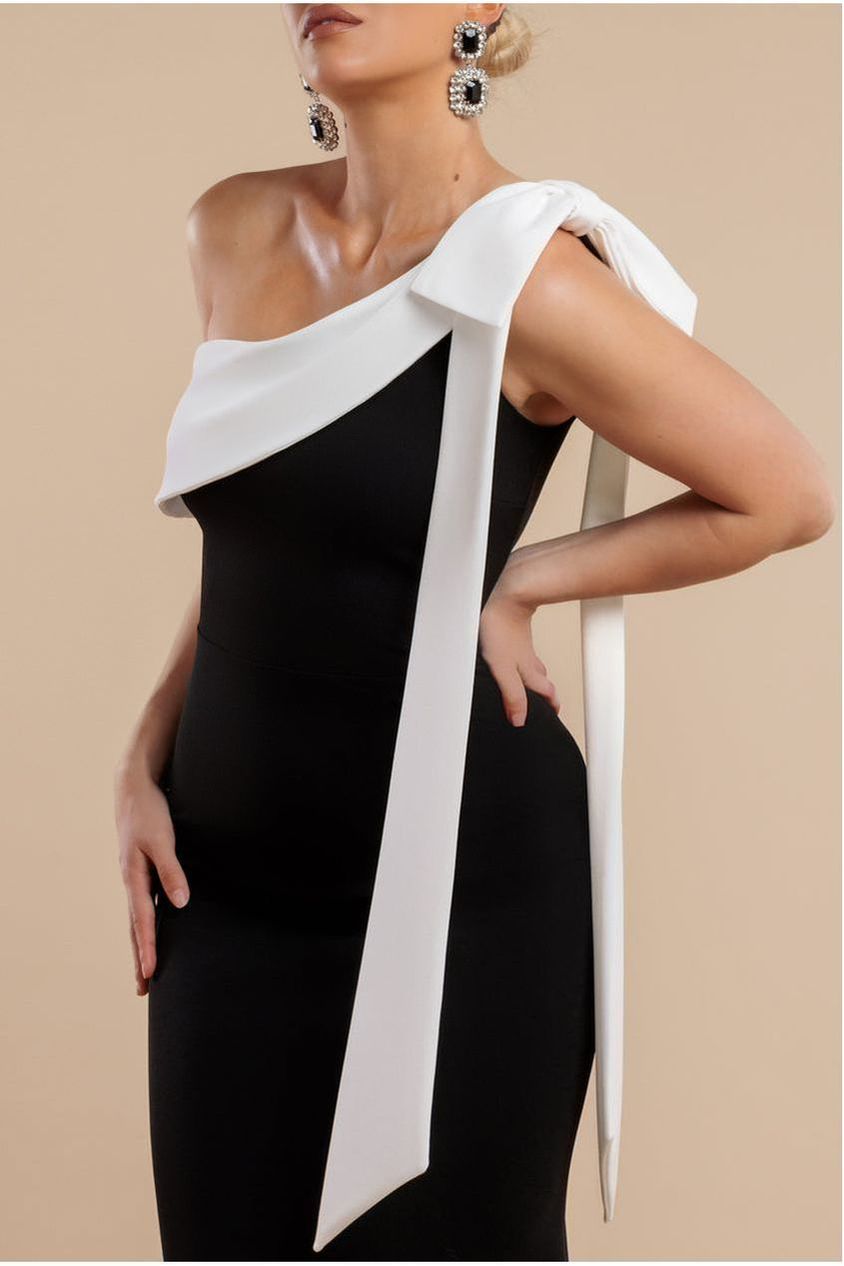 One Shoulder Contrast Bow Maxi Dress - Black Cream DR4717