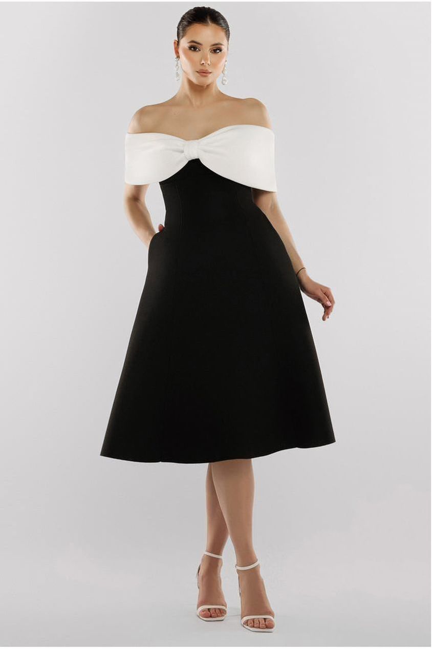 Bow Off The Shoulder A Line Midi Dress - Black Cream DR4730CONTRAST