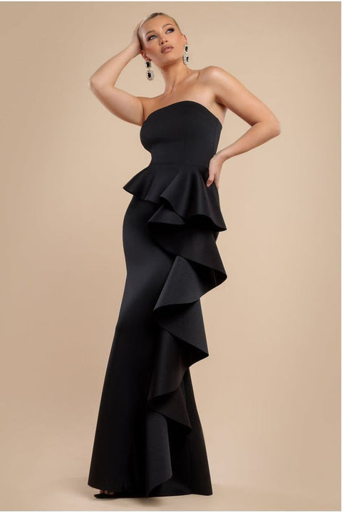 Boobtube Peplum  Waterfall Frill Maxi Dress - Black by Goddiva
