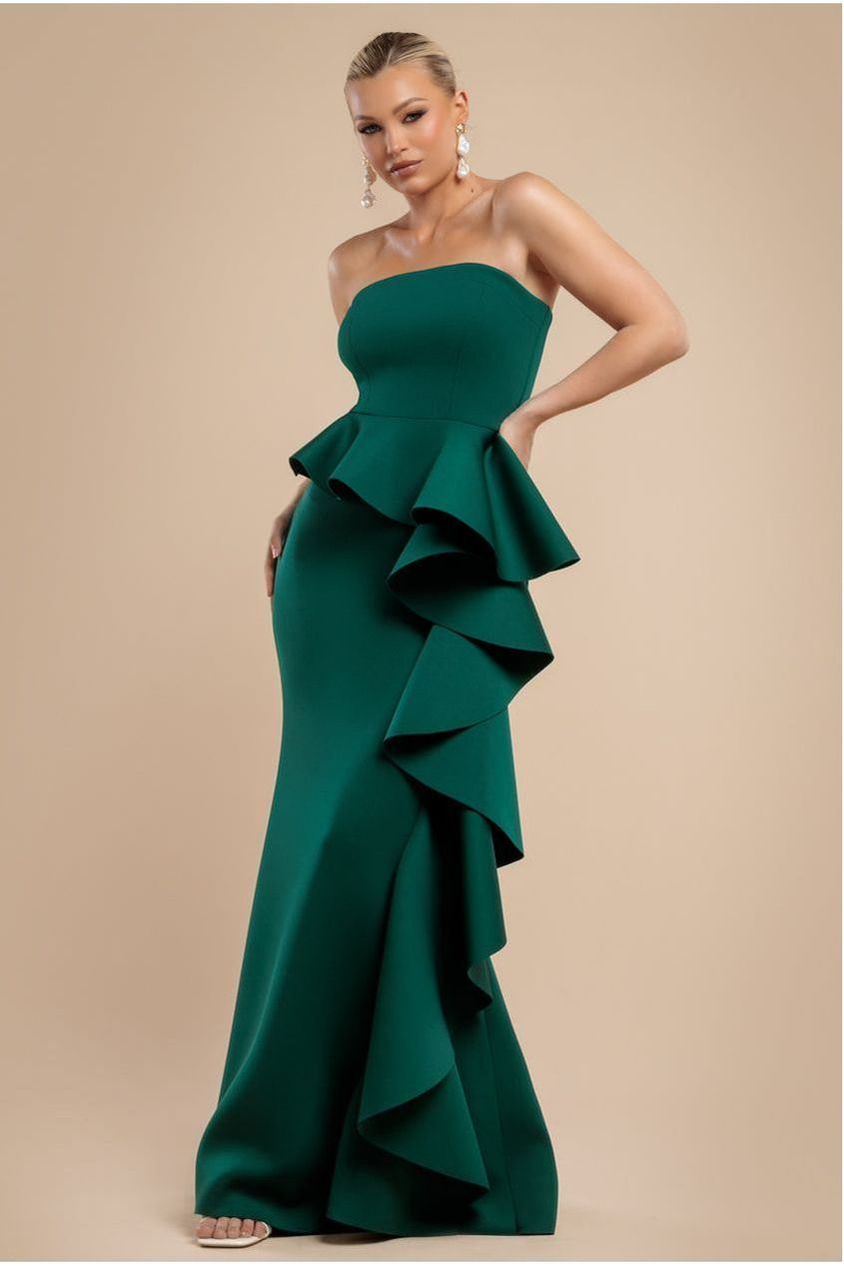 Boobtube Peplum  Waterfall Frill Maxi Dress - Emerald Green DR4738