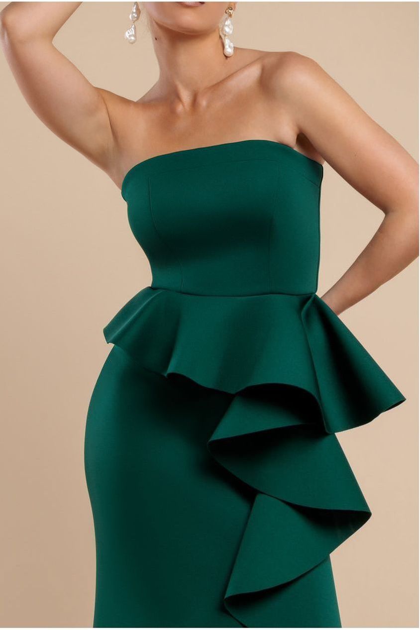 Boobtube Peplum  Waterfall Frill Maxi Dress - Emerald Green DR4738