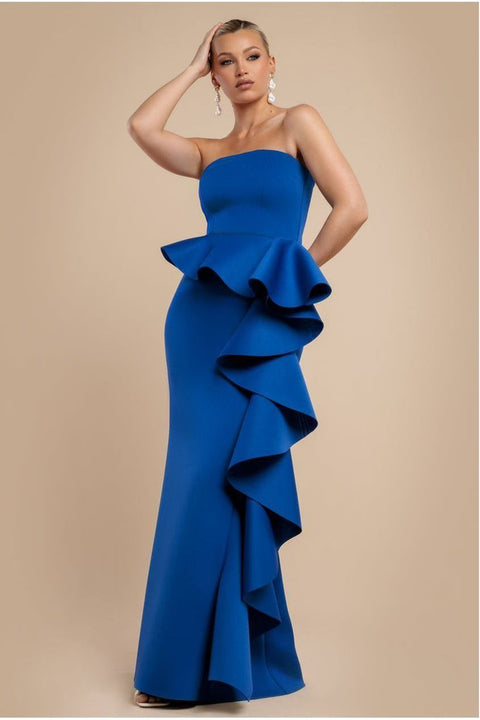 Boobtube Peplum  Waterfall Frill Maxi Dress - Royal Blue by Goddiva