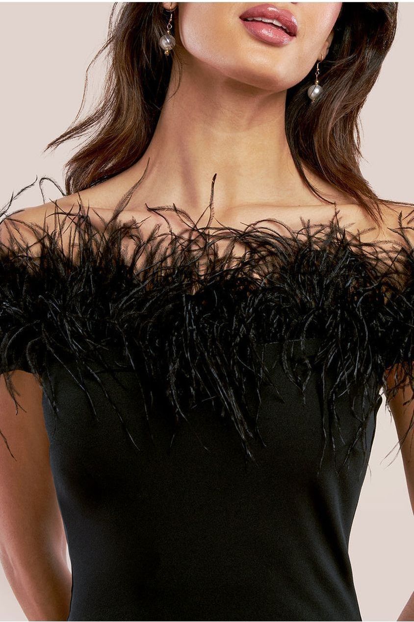 Scuba Off The Shoulder Feather Trim Maxi - Black DR4047