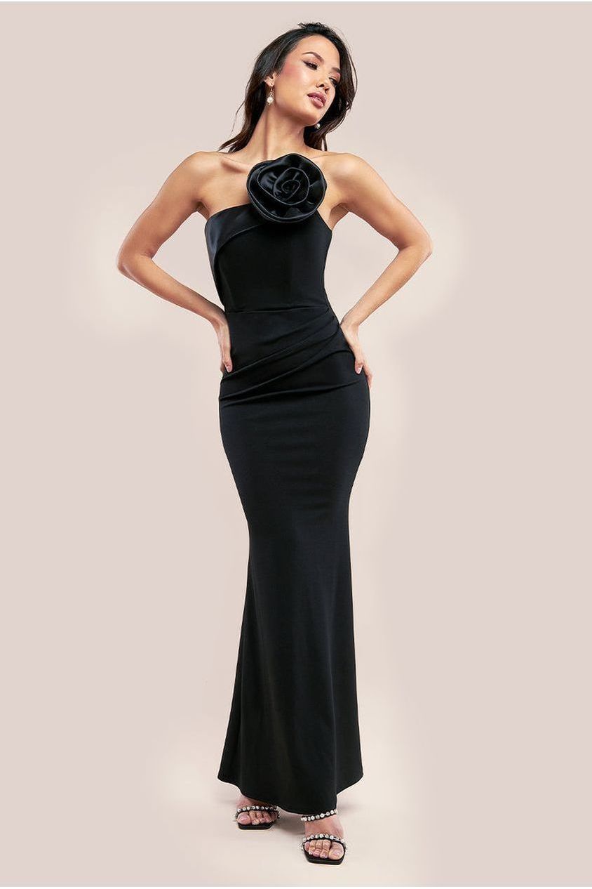 Satin Corsage Scuba Crepe Maxi Dress - Black DR4215