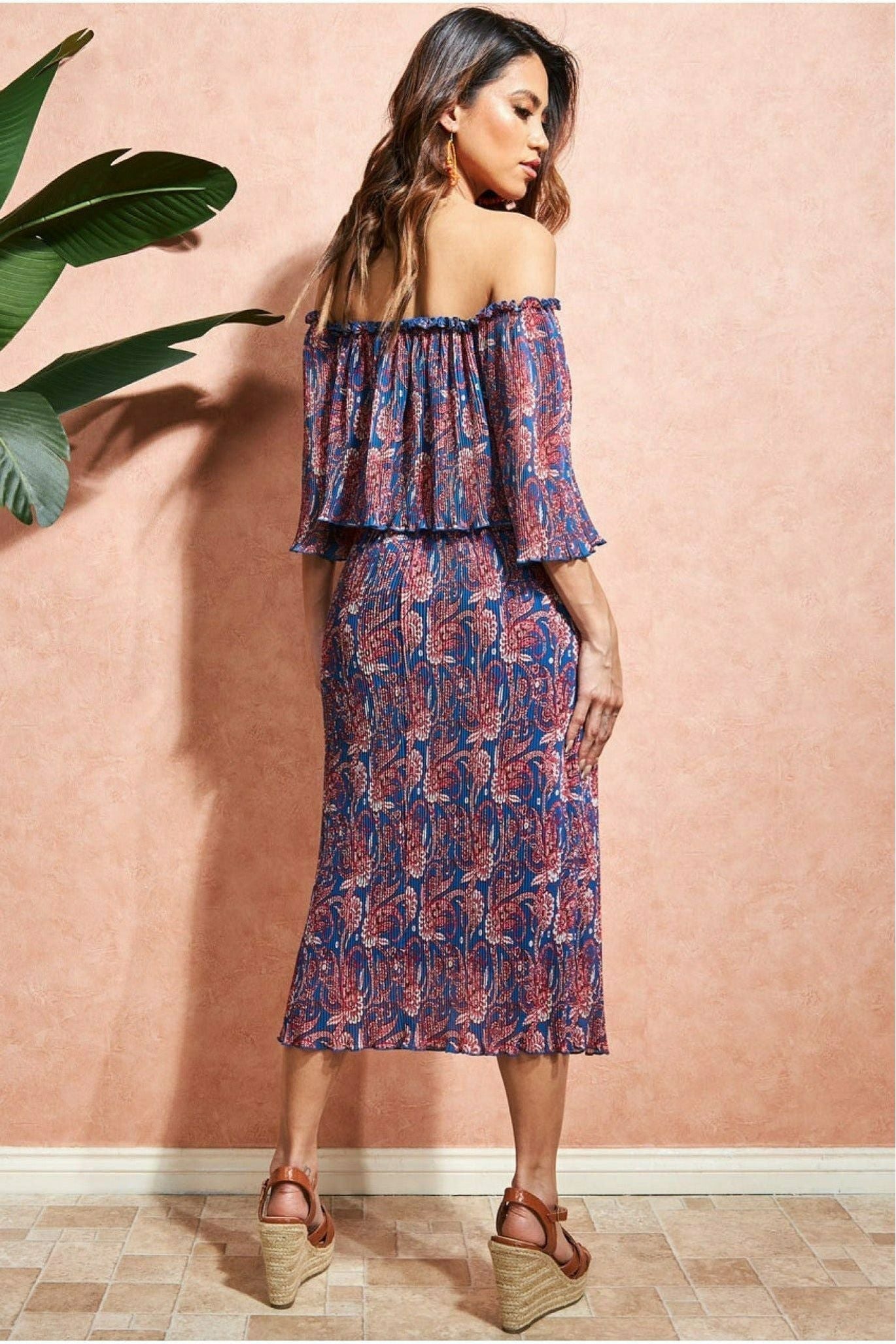 Printed Shirred Midi Skirt - Blue SK15