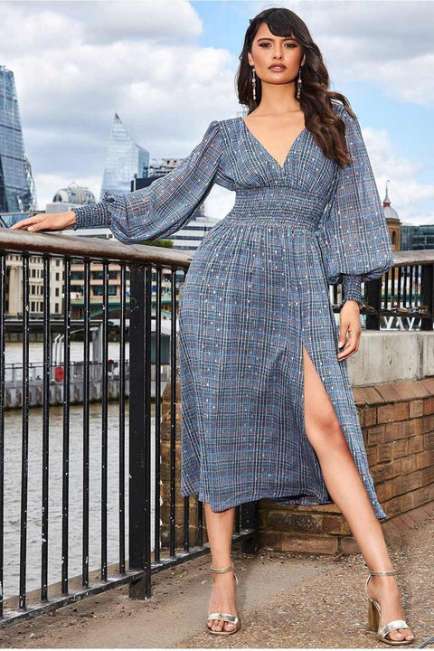Long Sleeve Midi Shirred Waistband - Check Print by Goddiva