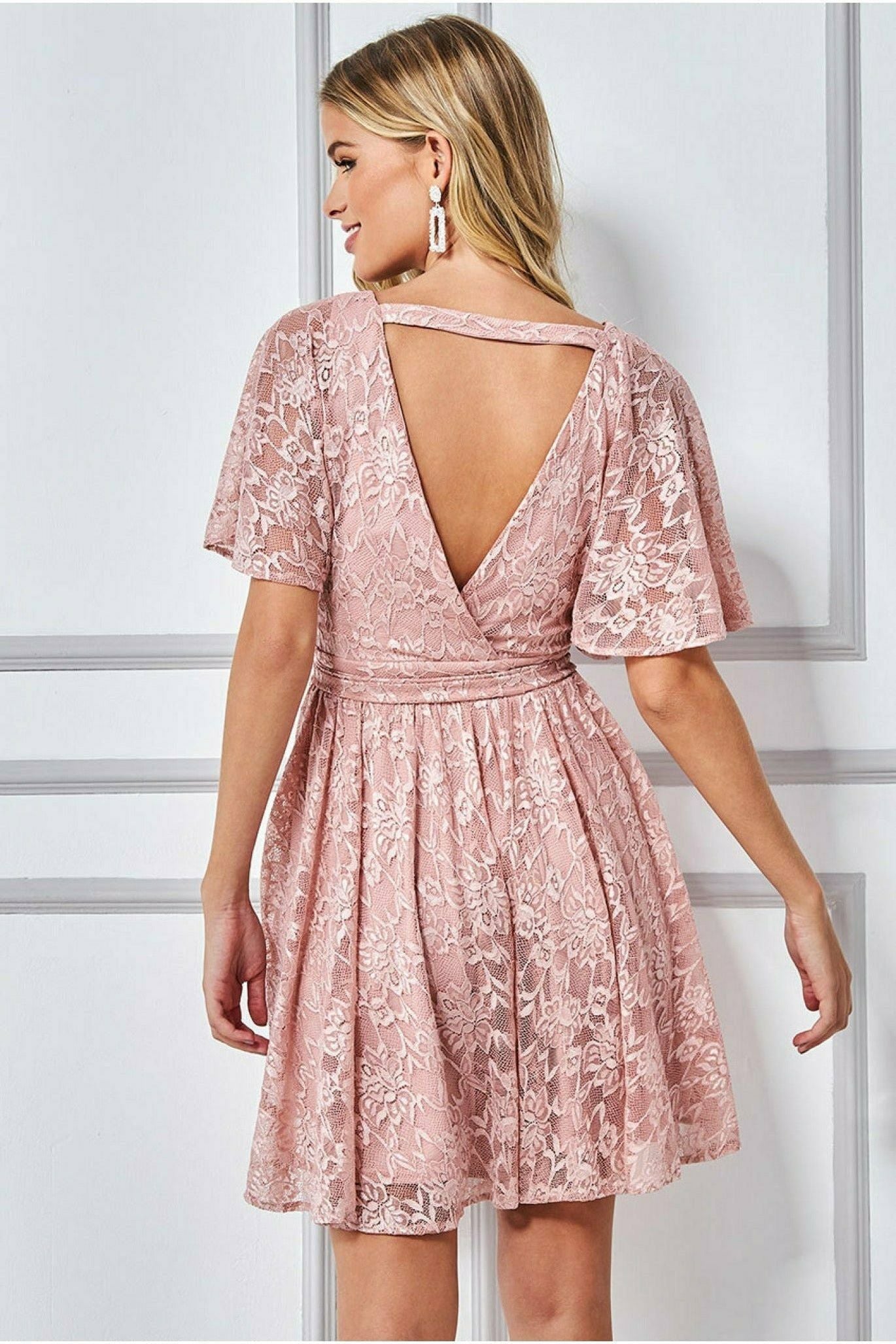 Lace Kimono Wrap Skater Mini Dress - Blush DR2567A