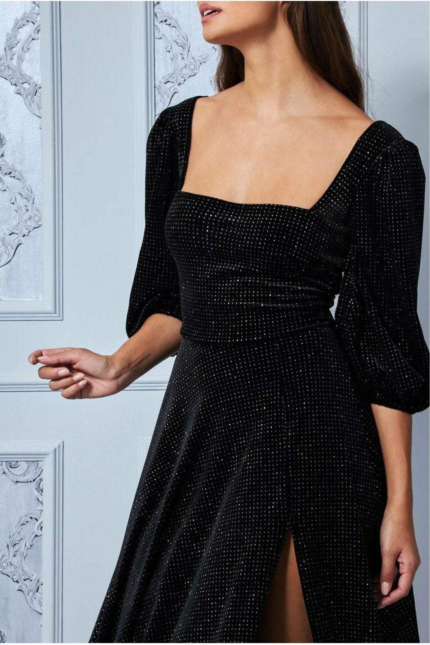 Velvet Sparkle Midi Dress With Front Split - Black DR3332