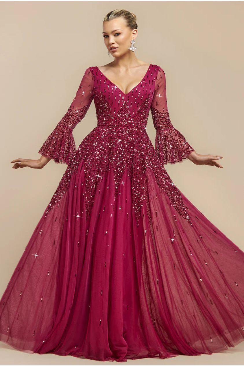 Sunray Hand Embellished Sequin A-Line Bell Sleeve Maxi Dress - Burgundy DR4654