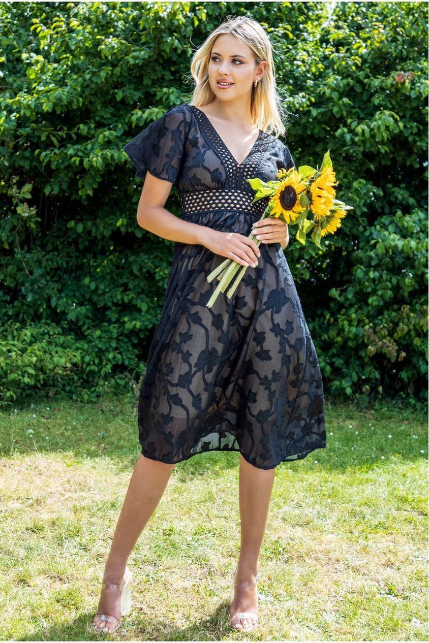 Jacquard Lurex Burnout A Line Midi Dress - Black DR4352