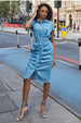 Denim Gathered Angel Sleeve Midi Shirt Dress - Sky Denim by Goddiva