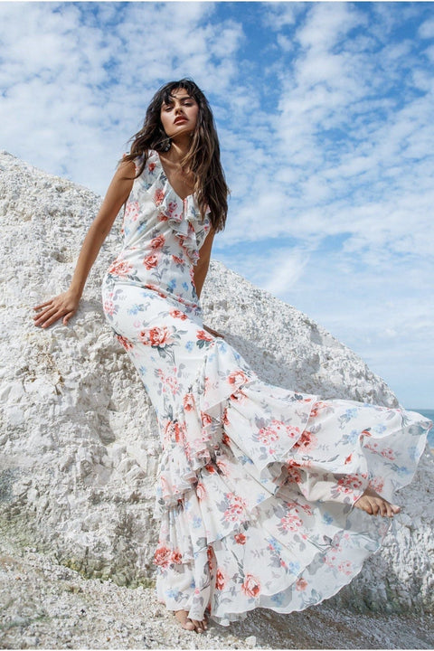Floral Printed Chiffon Ruffle Maxi - Cream by Goddiva