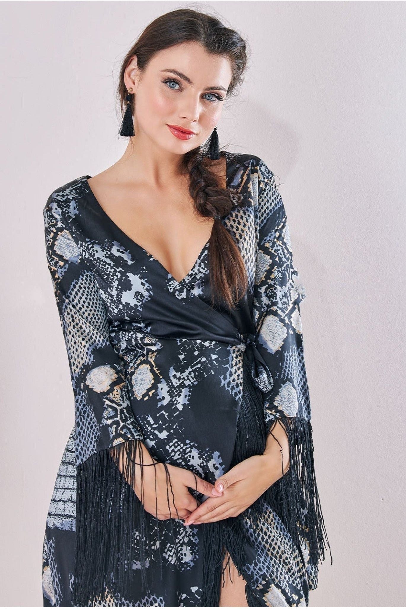 Maternity Tassel Foil Print Wrap Midi Black DR3699MAT