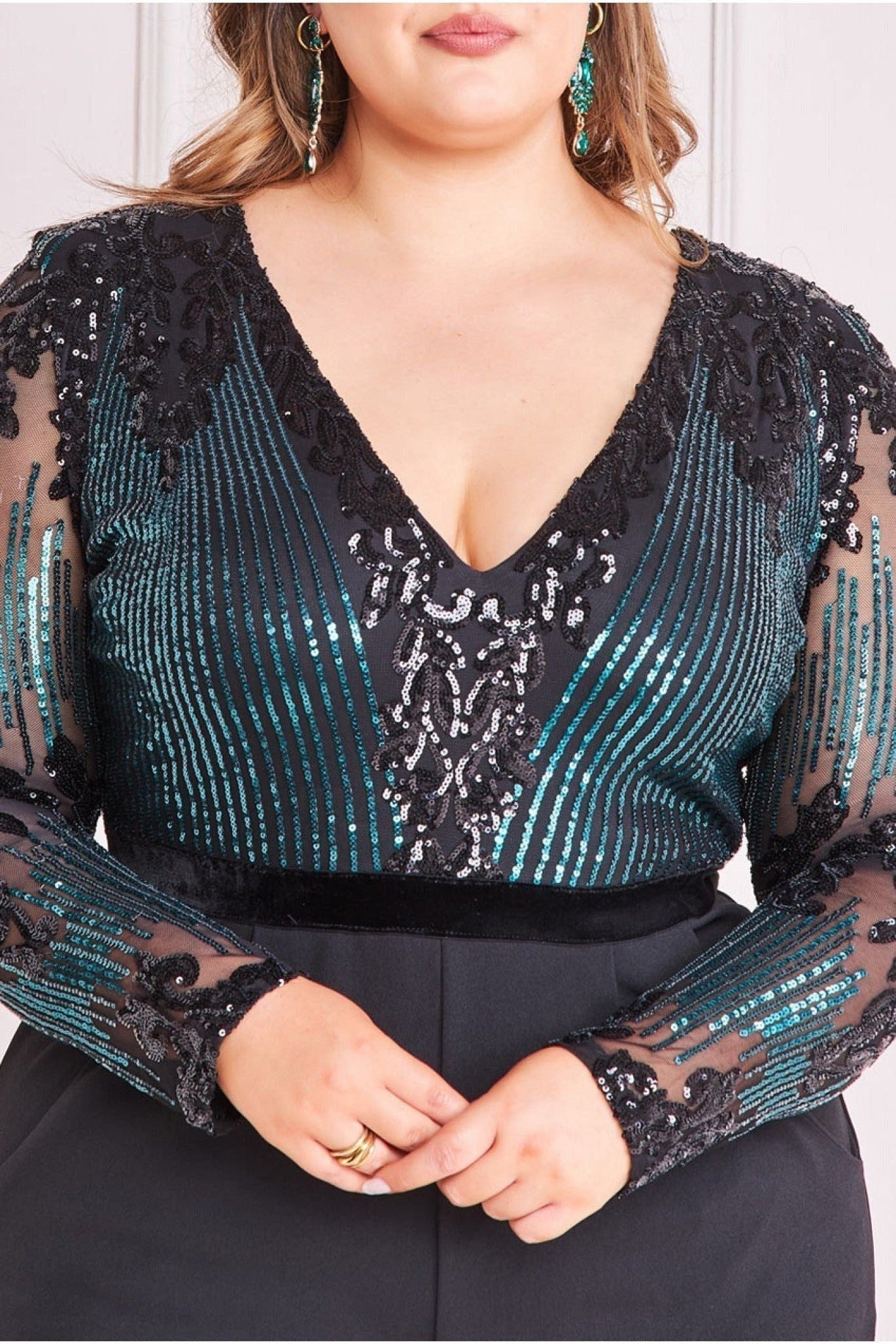 Sequin & Mesh Jumpsuit - Emerald Green TR289P