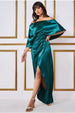 Satin Drape Shoulder Wrap Maxi Dress - Emerald Green by Goddiva
