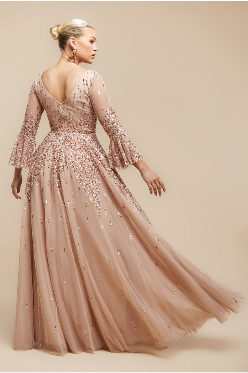 Sunray Hand Embellished Sequin A-Line Bell Sleeve Maxi Dress - Champagne DR4654