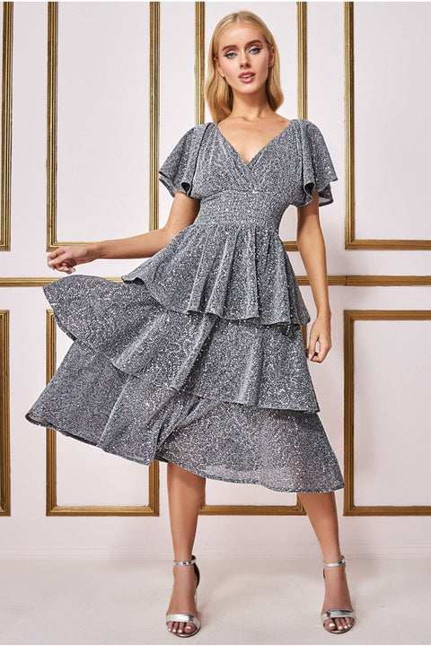 Sequin Lurex Tiered Midi Dress - Silver by Goddiva