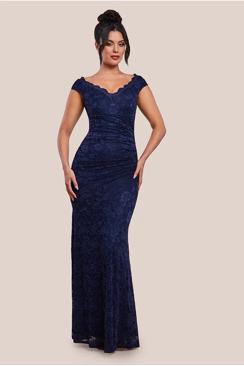 Off The Shoulder Scalloped Neck Maxi Dress - Navy Blue DR4600