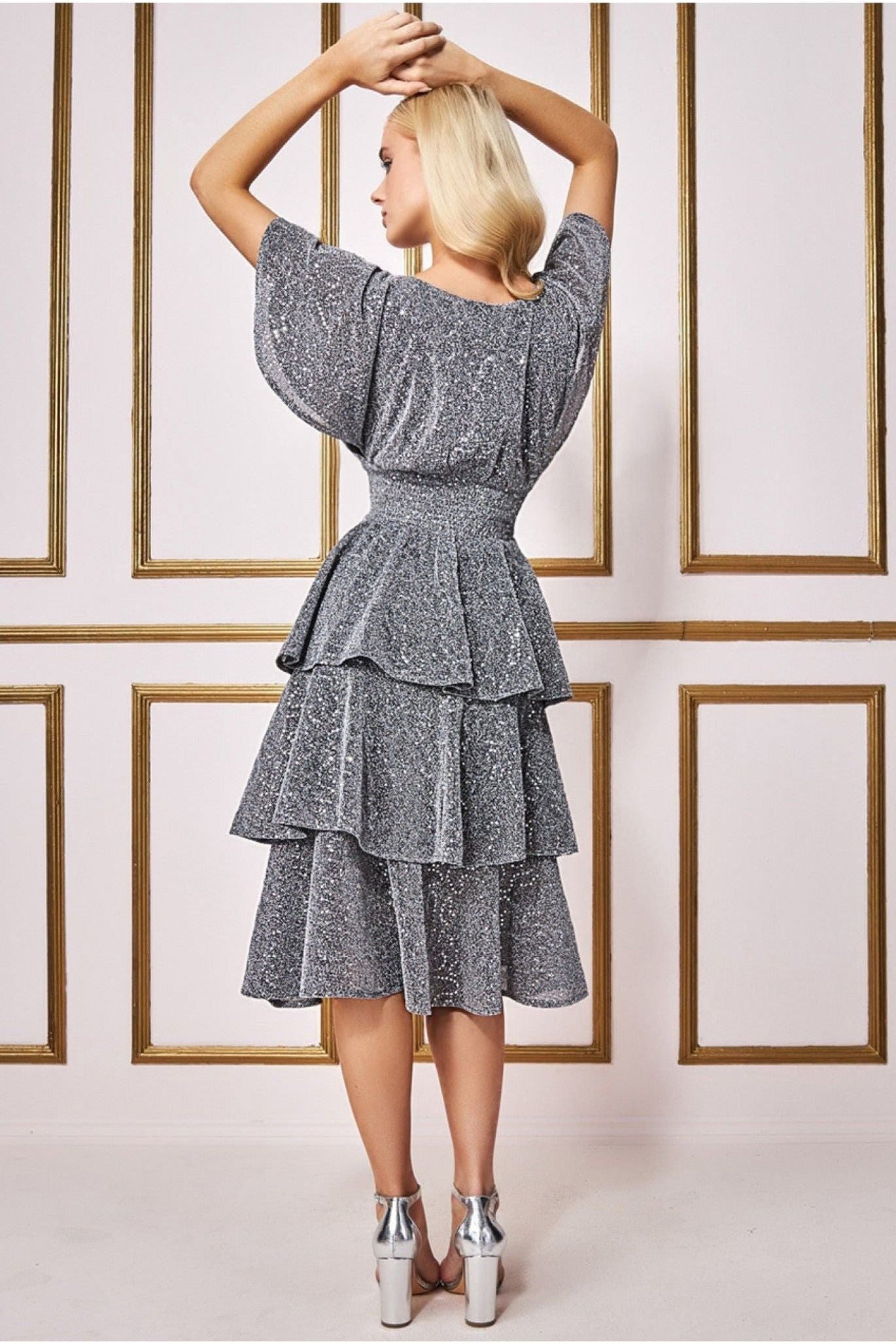 Sequin Lurex Tiered Midi Dress - Silver DR3656