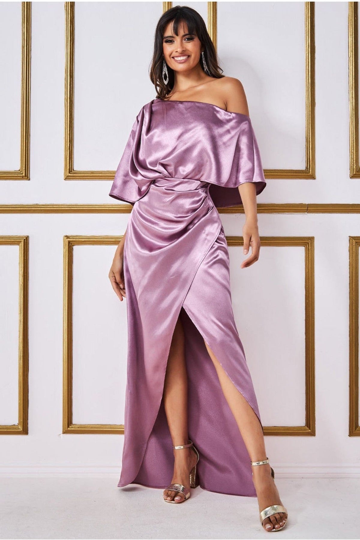 Satin Drape Shoulder Wrap Maxi Dress - Blush DR3450