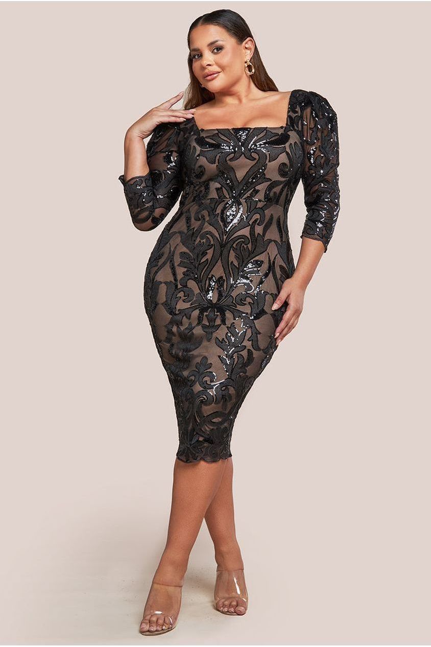 Square Neck Scalloped Embroidered Sequin Midi Dress - Black DR4124PLUS