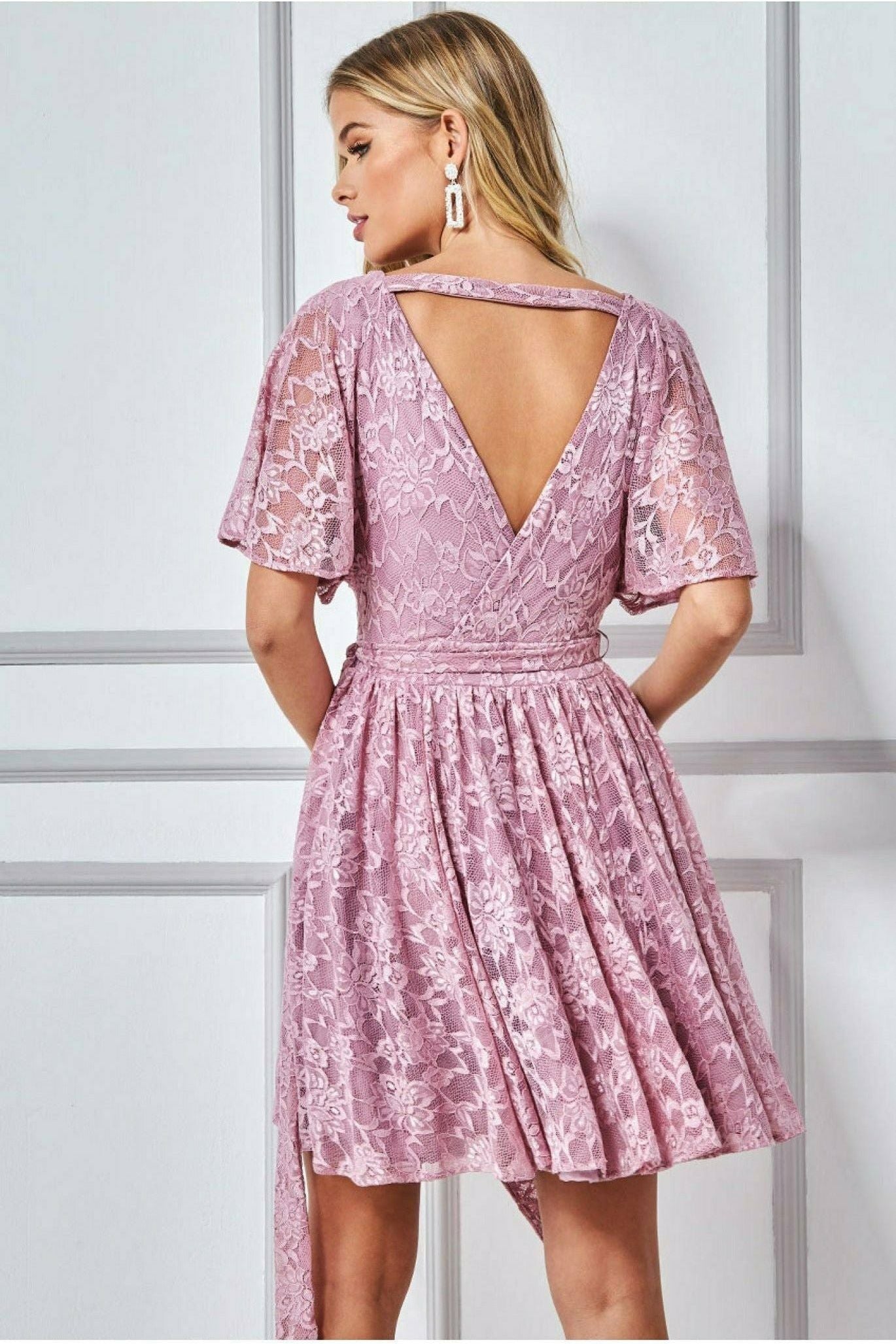 Lace Kimono Wrap Skater Mini Dress - Mauve DR2567A