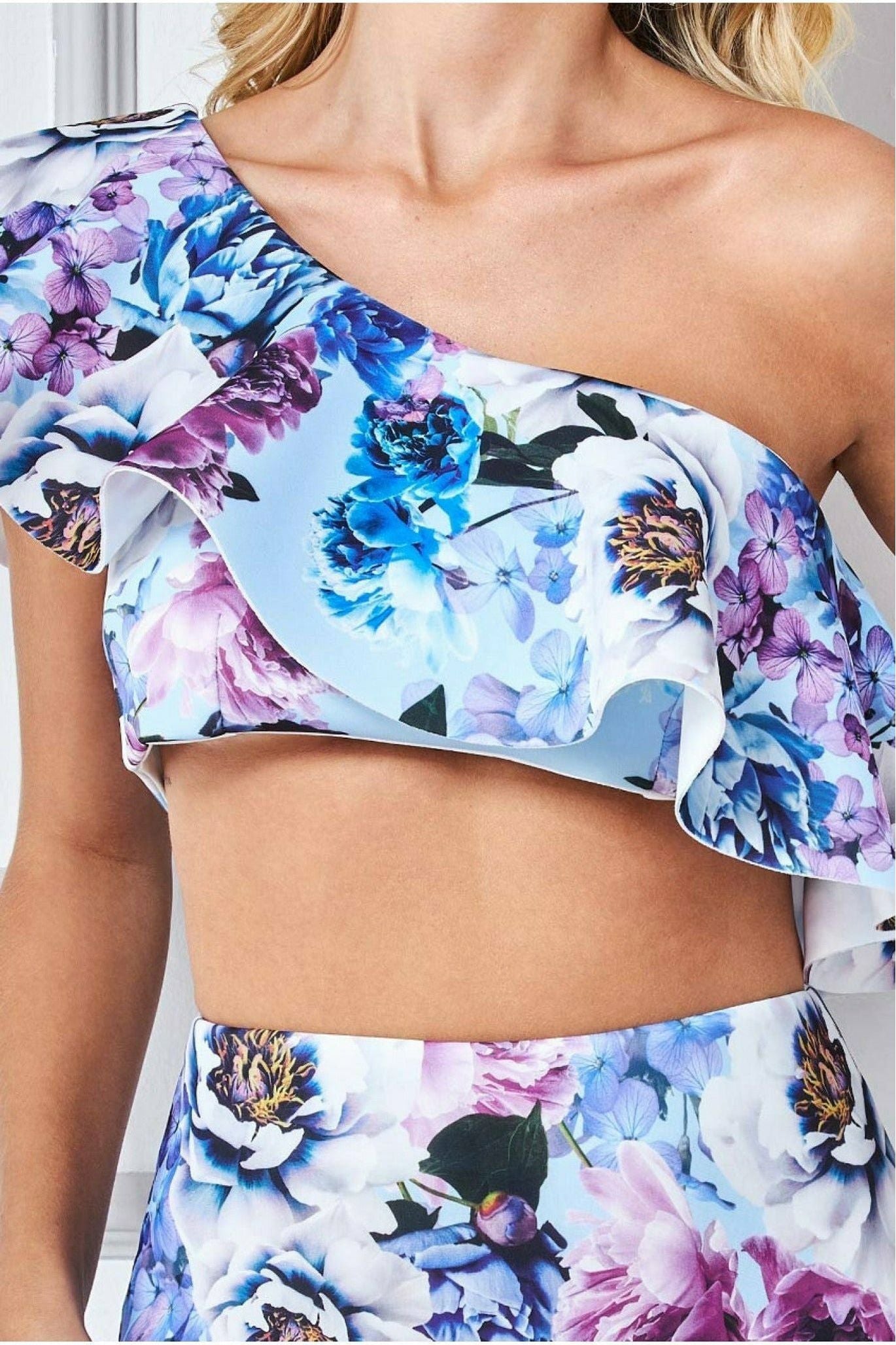 One Shoulder Floral Crop Top - Light Blue T190