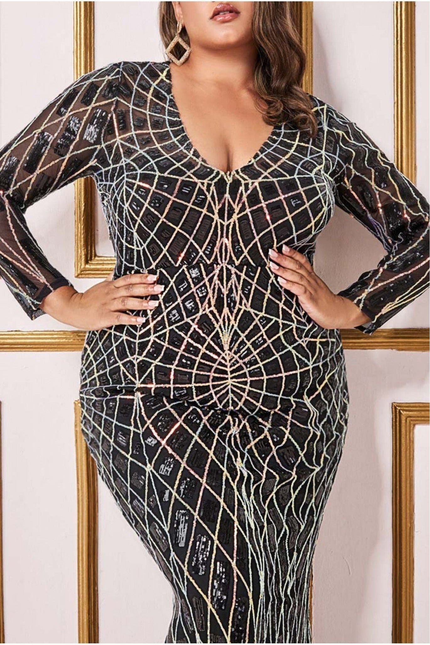 Geo Sequin Long Sleeve Maxi Dress - Black DR3495P