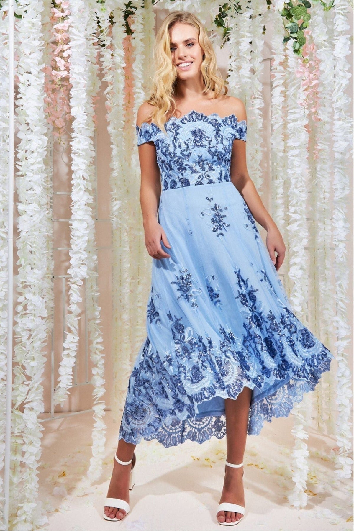 Bardot Sequin & Lace High Low Midi - Powderblue DR3675