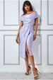 Cowl Neck Bardot Satin Midi Front Split - Lilac by Goddiva