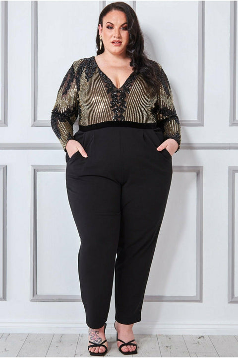Sequin & Mesh Jumpsuit - Black by Goddiva Plus