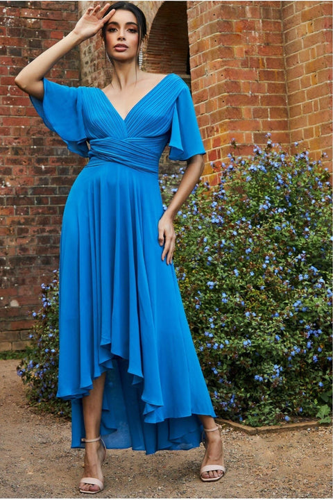 Pleated Chiffon High Low Midi Dress - Atlantic Blue by Goddiva