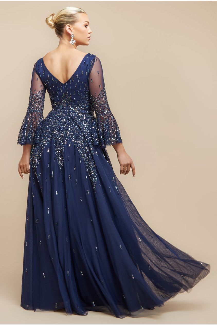 Sunray Hand Embellished Sequin A-Line Bell Sleeve Maxi Dress - Navy Blue DR4654