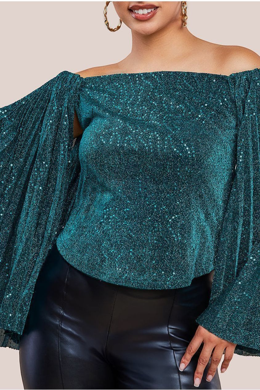 Sequin Lurex Bardot Pleated Sleeve Top - Teal Blue T205
