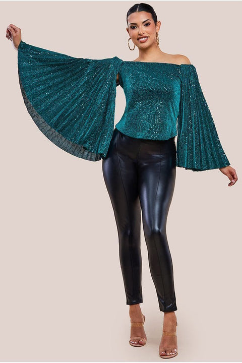 Sequin Lurex Bardot Pleated Sleeve Top - Teal Blue by Goddiva