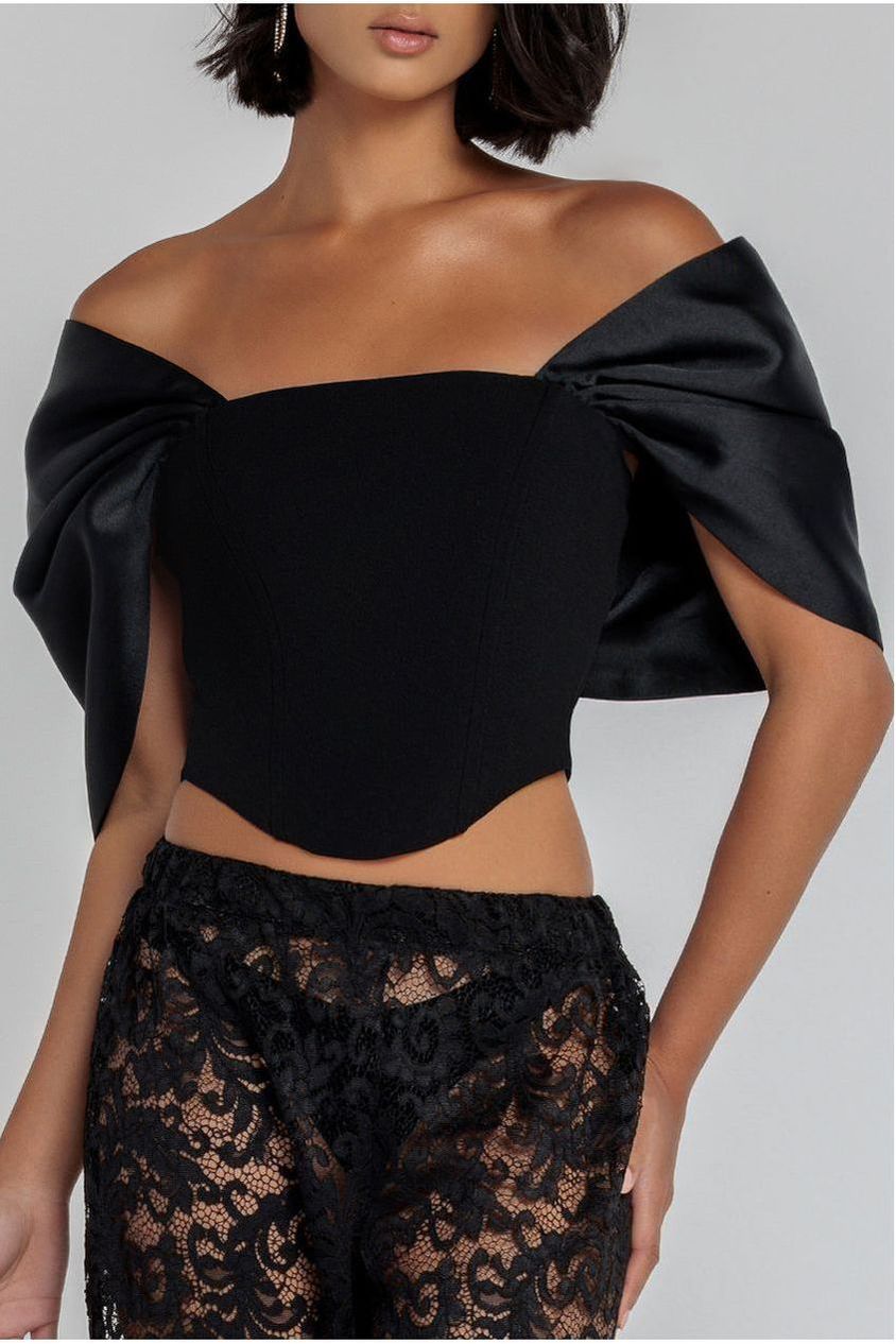 Off Shoulder Back Satin Bow Scuba Corset - Black T225