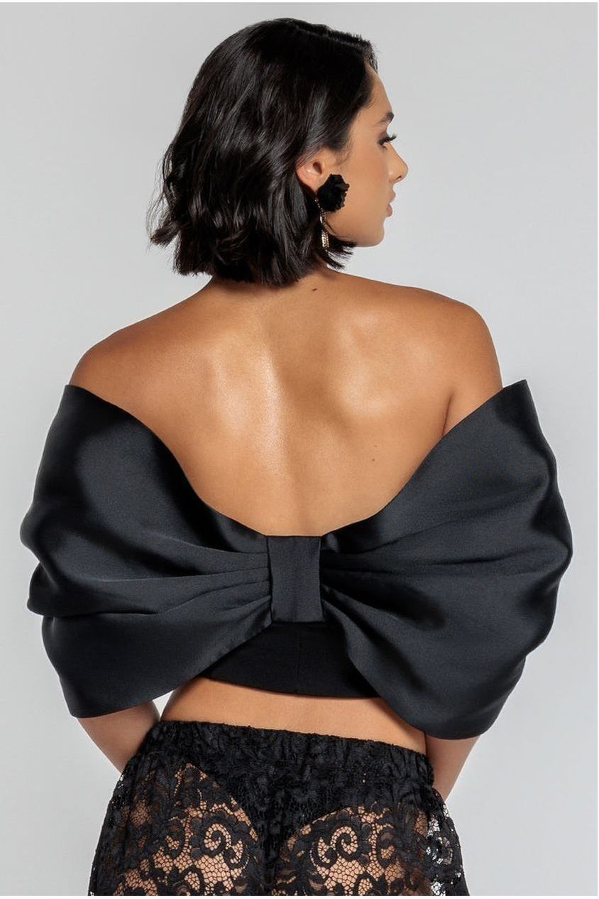 Off Shoulder Back Satin Bow Scuba Corset - Black T225