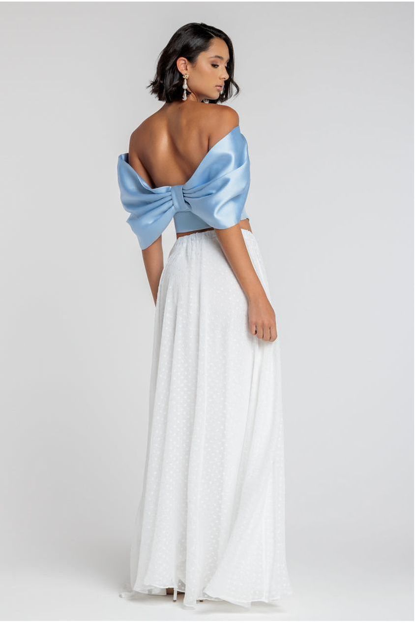 Off Shoulder Back Satin Bow Scuba Corset - Light Blue T225