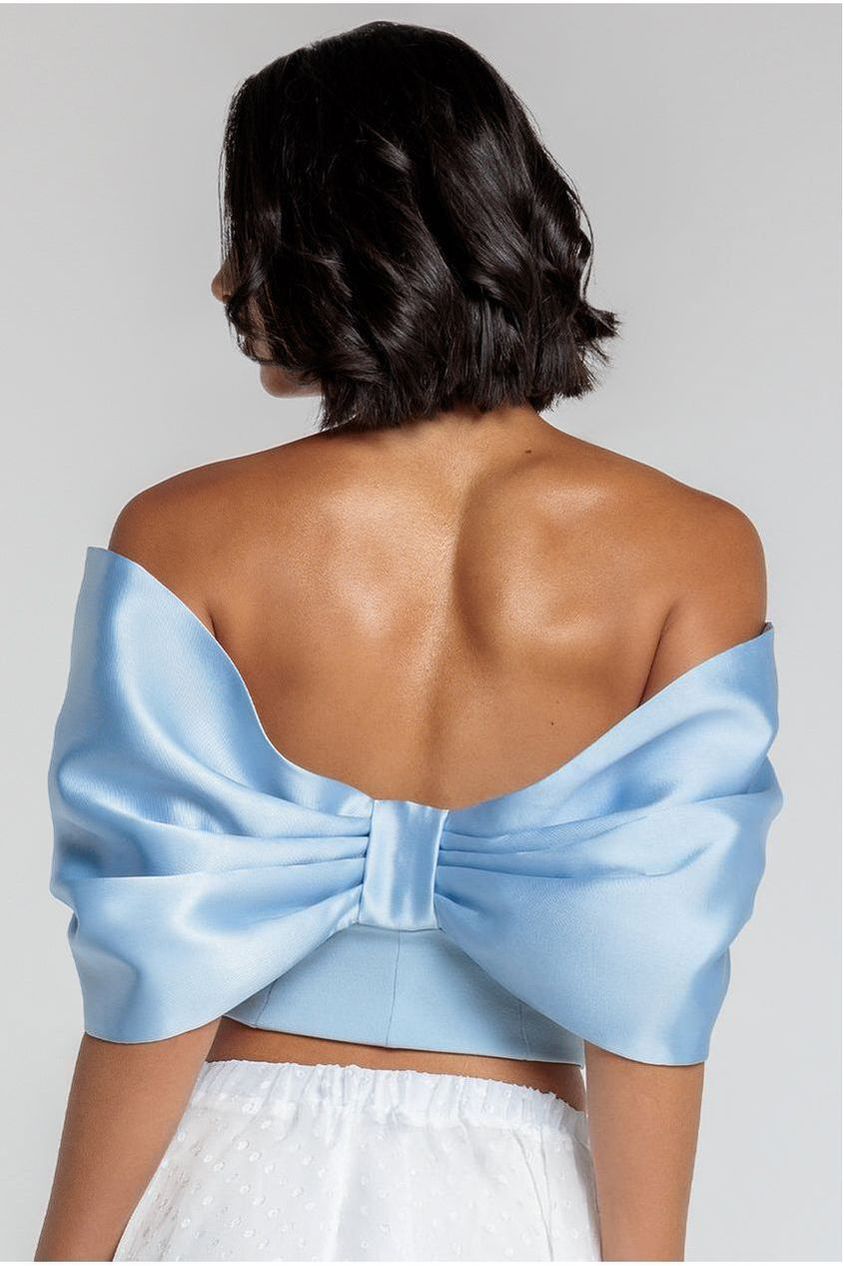 Off Shoulder Back Satin Bow Scuba Corset - Light Blue T225
