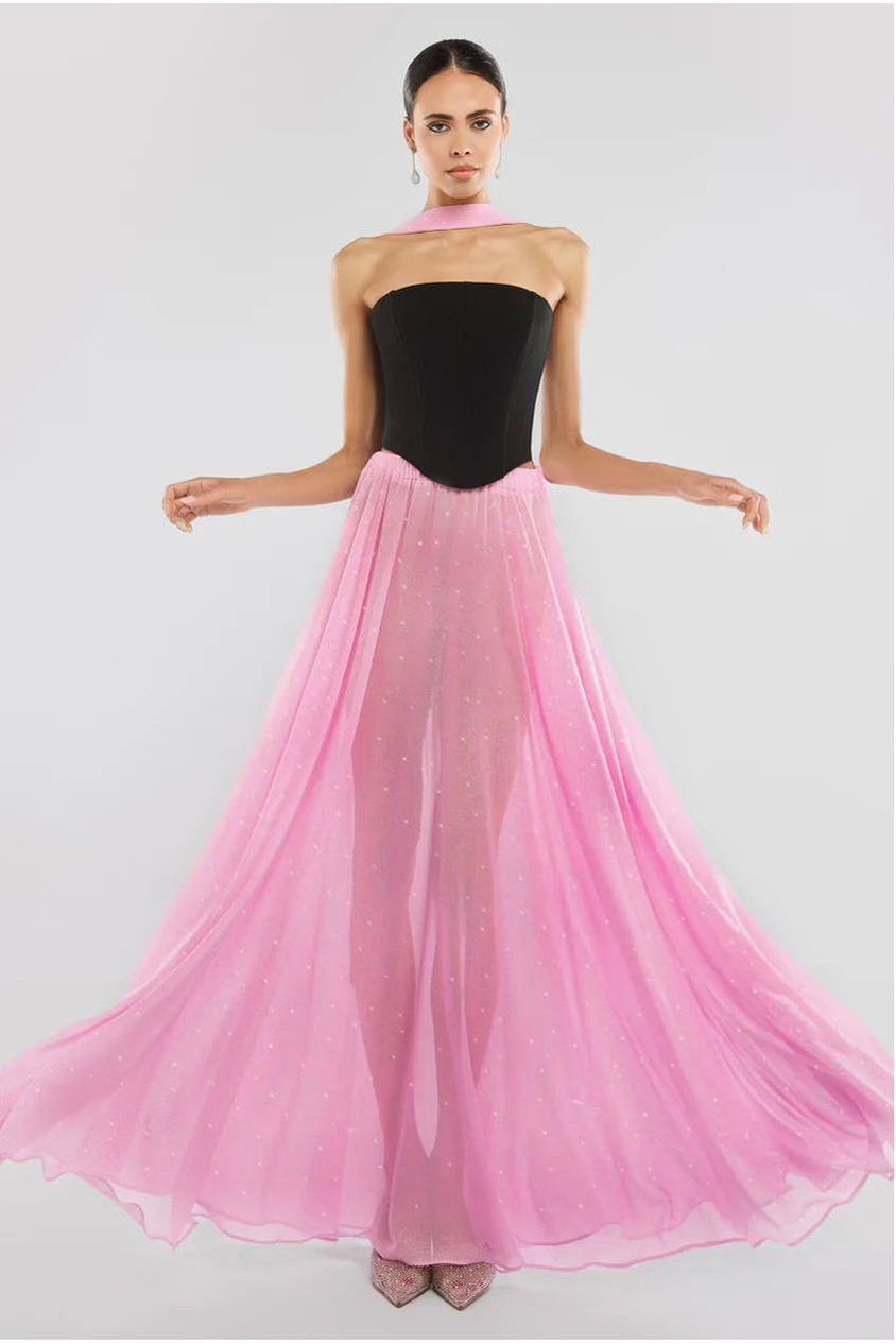 Gathered A-Line Glitter Chiffon Maxi Skirt SK30
