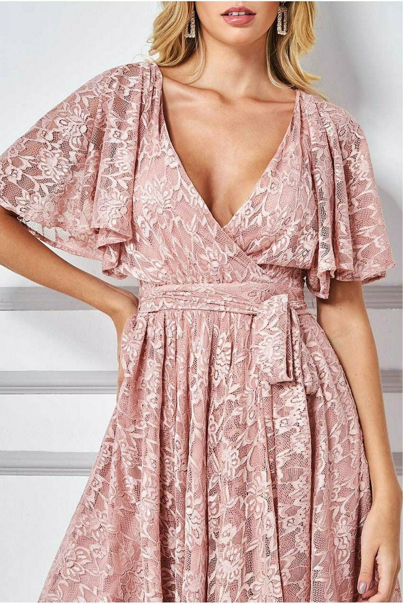Lace Kimono Wrap Skater Mini Dress - Blush DR2567A