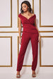 Scuba Crepe Wrap Bardot Jumpsuit - Wine by Goddiva
