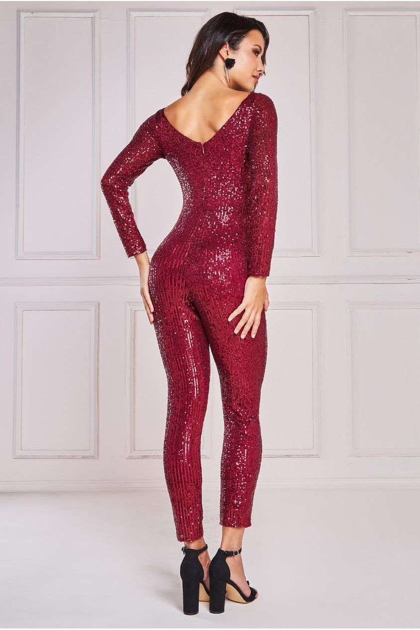 Stripe Sequin Jumpsuit - Wine TR265