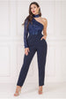 One Shoulder Sequin Jumpsuit - Navy by Goddiva
