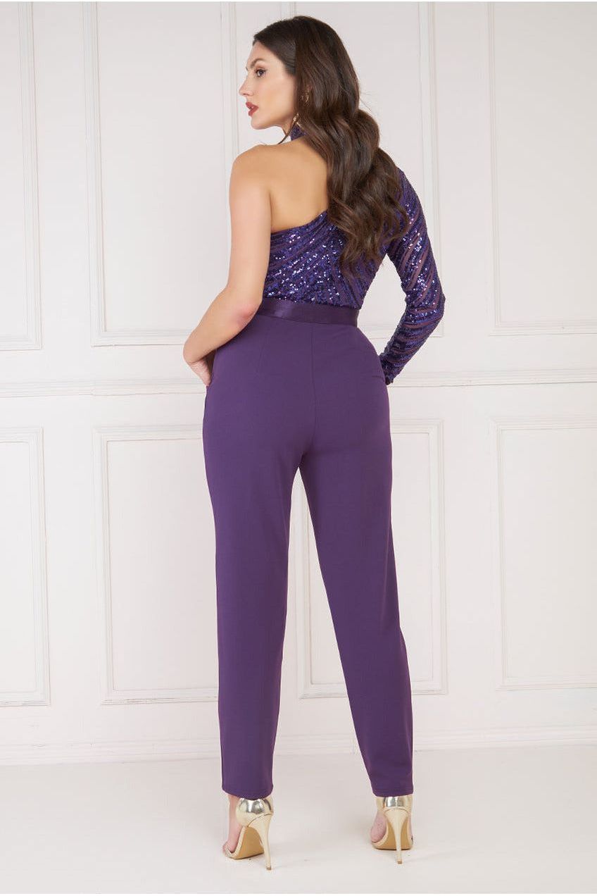 One Shoulder Sequin Jumpsuit - Purple TR293