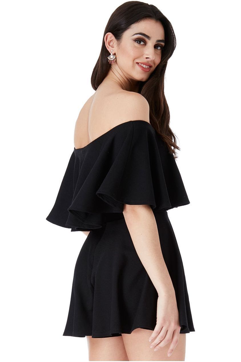Off The Shoulder Frill Neck Skater Playsuit - Black TR30B